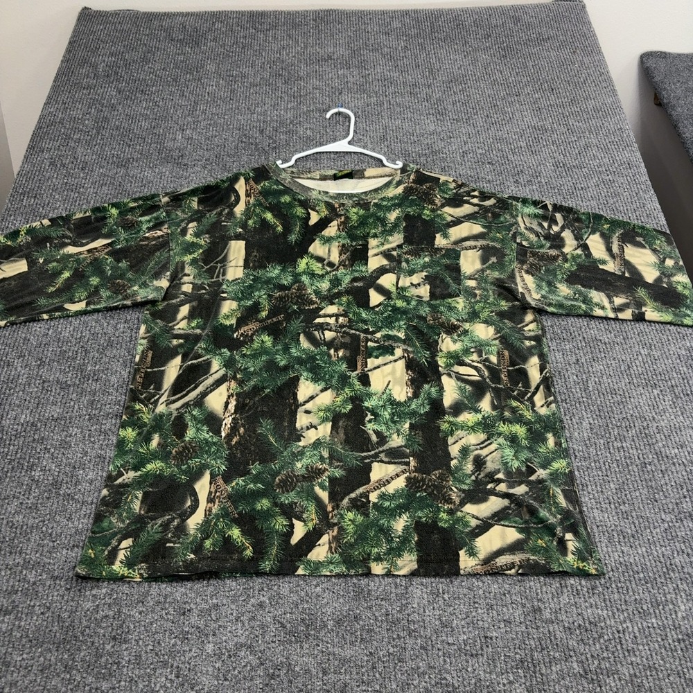 Cabelas Long Sleeve T Shirt Mens 2XL Green Cotton Pine Tree Camo Pocket Gorpcore